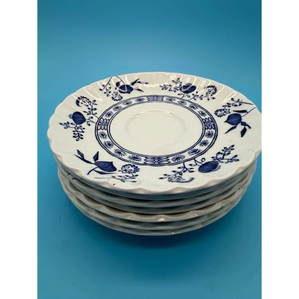 Blue Onion Tea Cup Saucers J&G Meakin Nordic Classic White England Set of 7